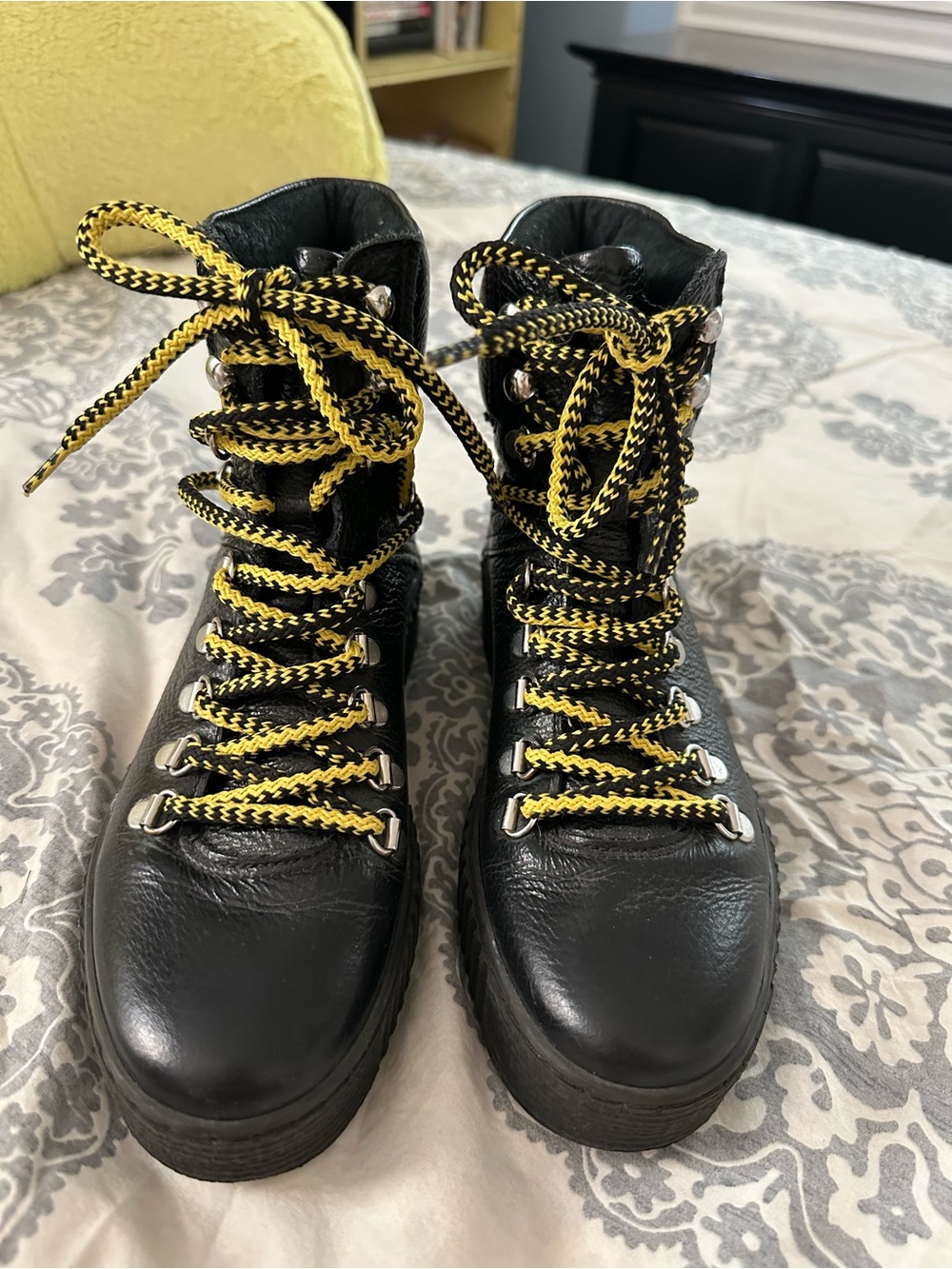 Shoe the Bear: Women’s Black Combat Boots with Yellow Contrast Laces
